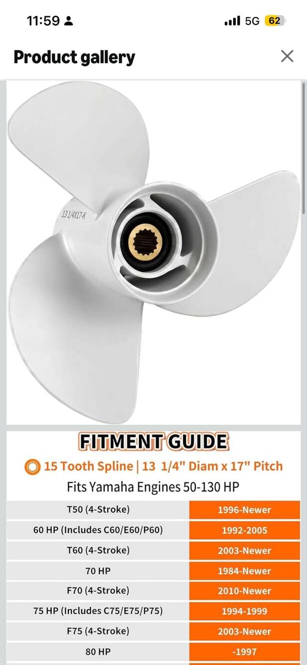 VEVOR Outboard Propeller 13 1/4 X 17-K White Aluminum 3-Blade 15 Spline